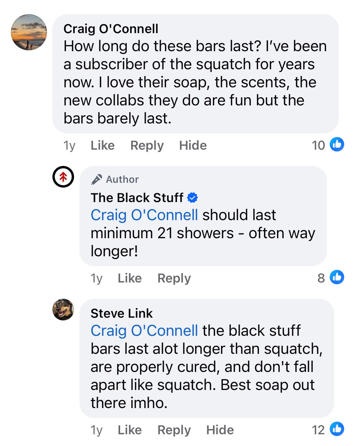 Facebook comment from Craig O'Connell — bar longevity vs Dr. Squatch