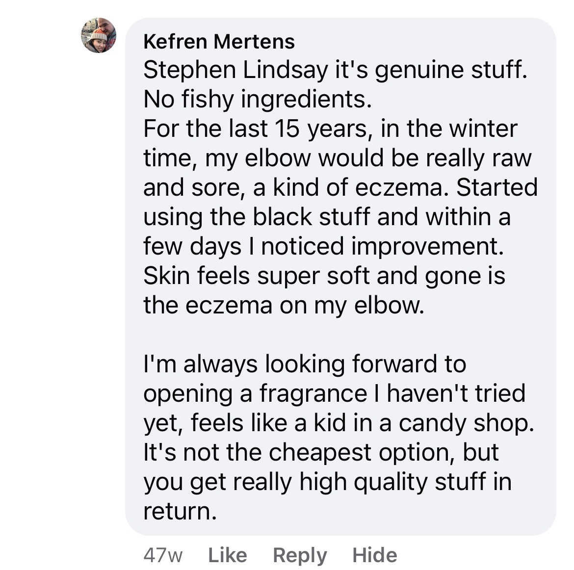 Facebook comment from Kefren Mertens — eczema gone, loves the variety