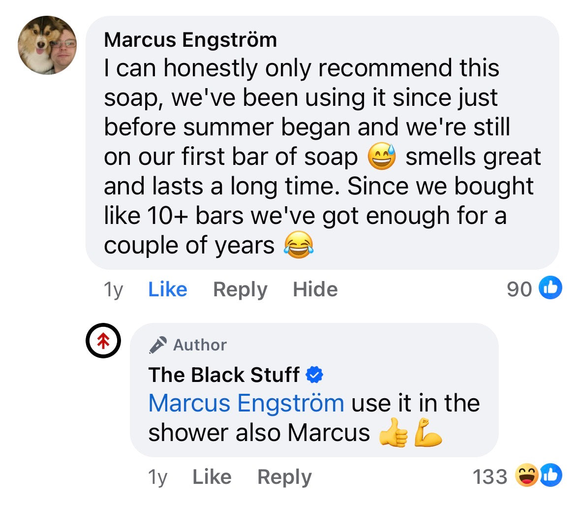 Facebook comment from Marcus Engström — still on first bar months later