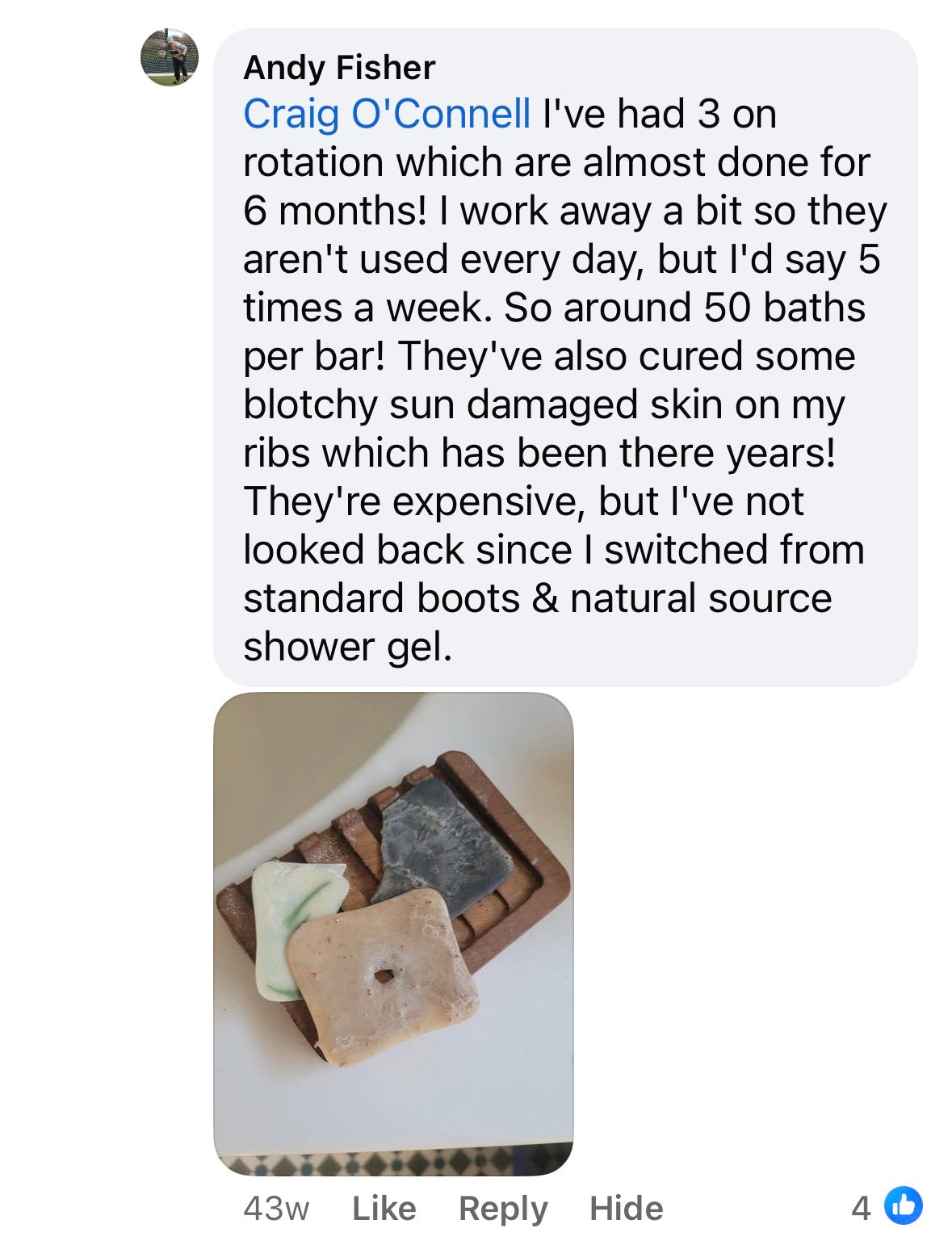 Facebook comment from Andy Fisher — 3 bars on rotation for 6 months
