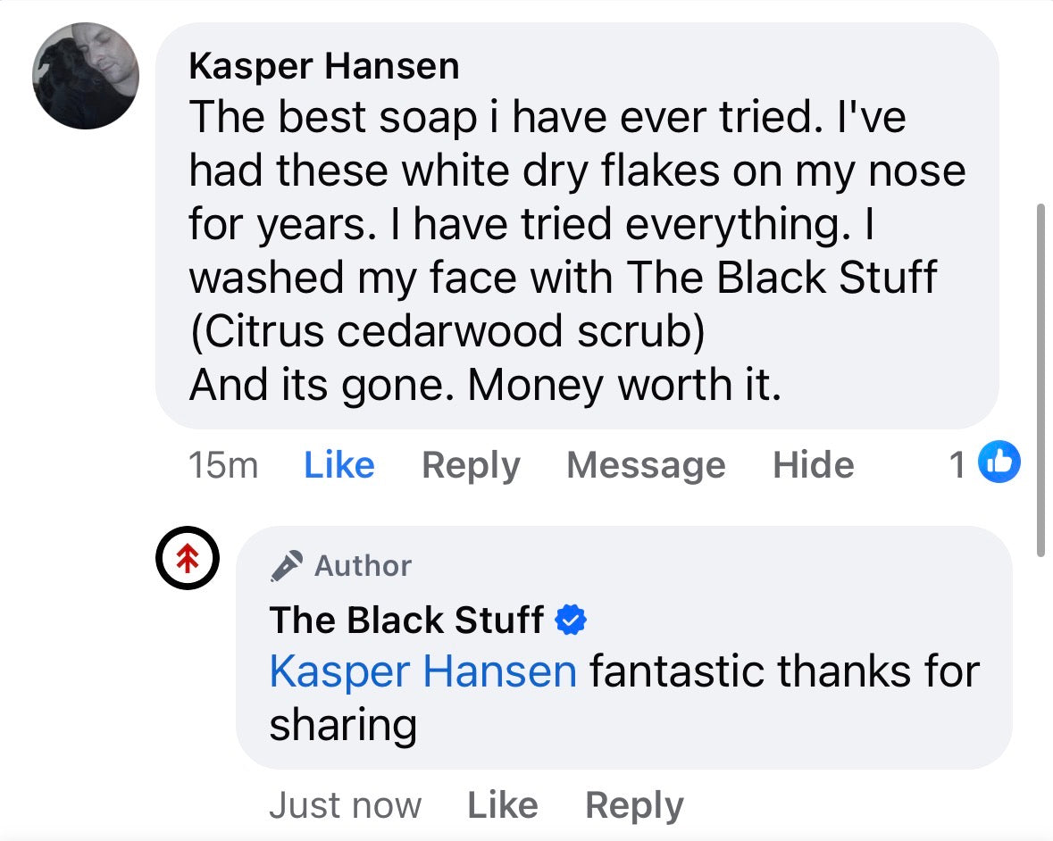 Facebook comment from Kasper Hansen — white dry flakes on nose for years, gone after using Citrus Cedarwood Scrub