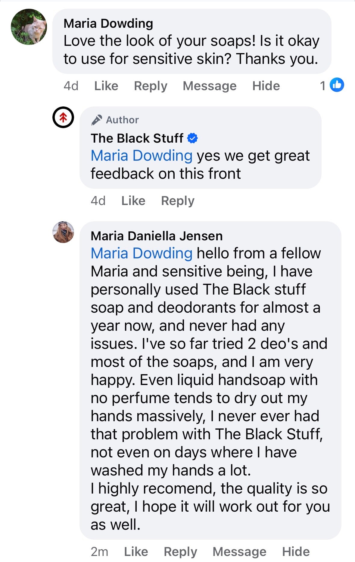 Facebook comment — recommends for sensitive skin