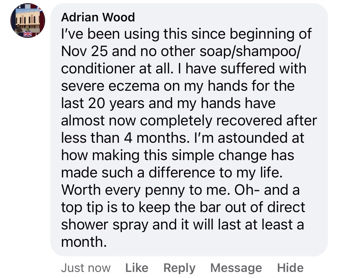 Facebook comment from Adrian Wood — severe eczema for 20 years, nearly recovered after 4 months